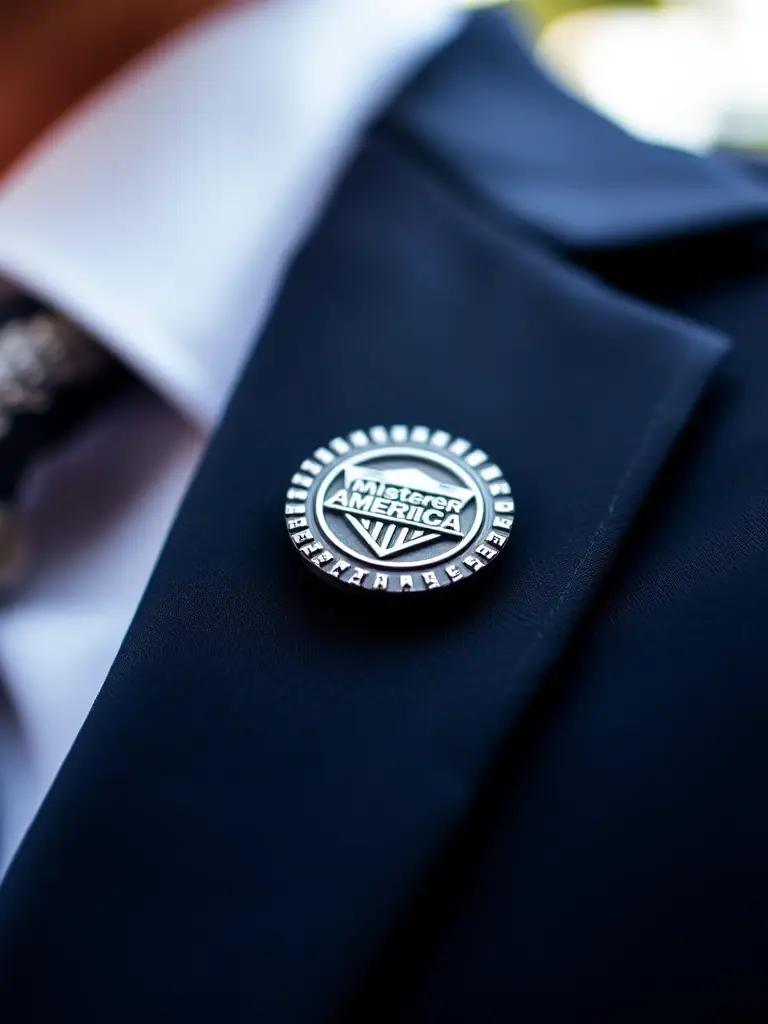 A photograph of a Mister America lapel pin, featuring the organization's emblem, pinned on a suit jacket lapel.