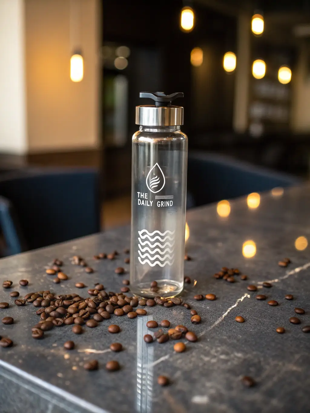 A vibrant image of a Mister America branded water bottle, showcasing the organization's colors and logo, placed on a desk.