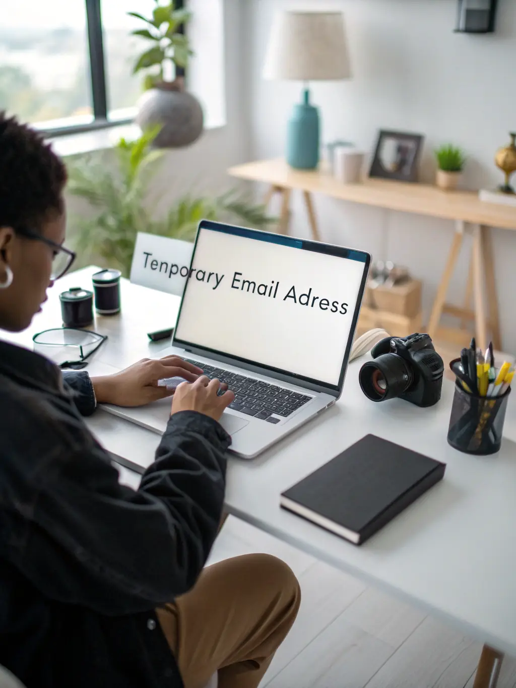 An image of a person on a computer, sending an email, with a focus on the contact information displayed on the screen, set in a modern office environment.