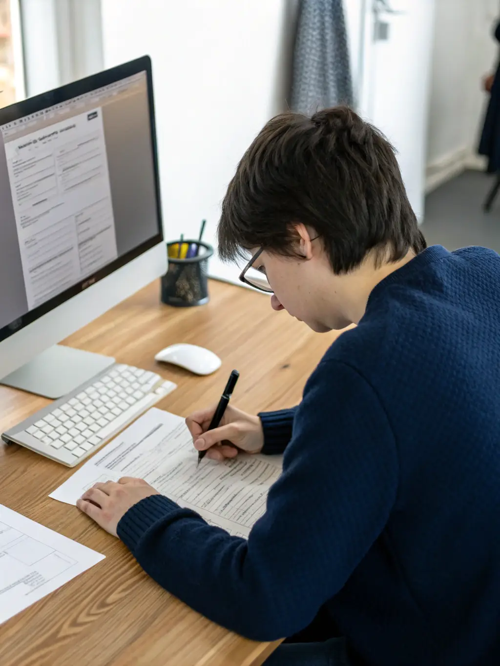 A close-up shot of an application form being filled out with a pen, emphasizing attention to detail and accuracy, set against a clean, professional background.